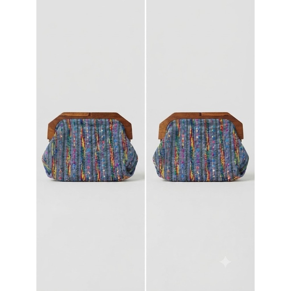 Boho Woven Clutch Wooden Kiss Lock Artisan Cottagecore Vintage Bag Rainbow